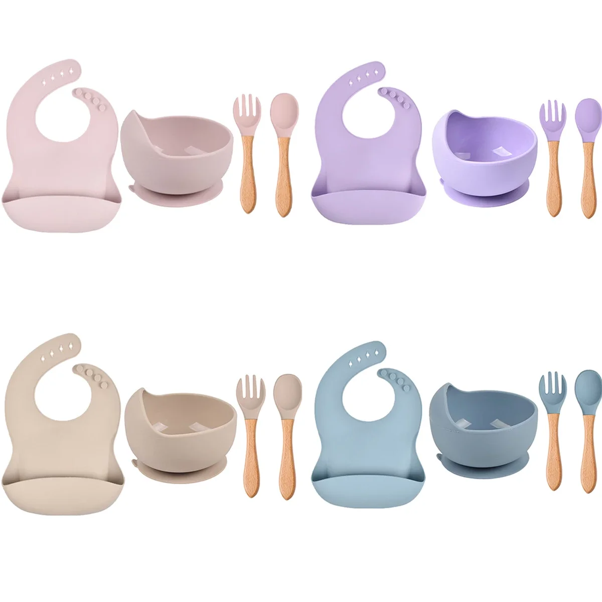 Wholesale BPA Free Baby Silicone Feeding Set Fork Spoon And Bibs USSE Suction Silicone Baby Feeding Set