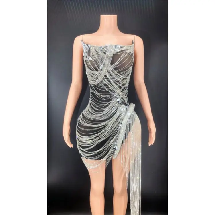 Blue Crystal Rhinestone Wedding Dress New Design Summer Women'S Sexy Deep Sling Dresses Fashion Elegant Party Dress