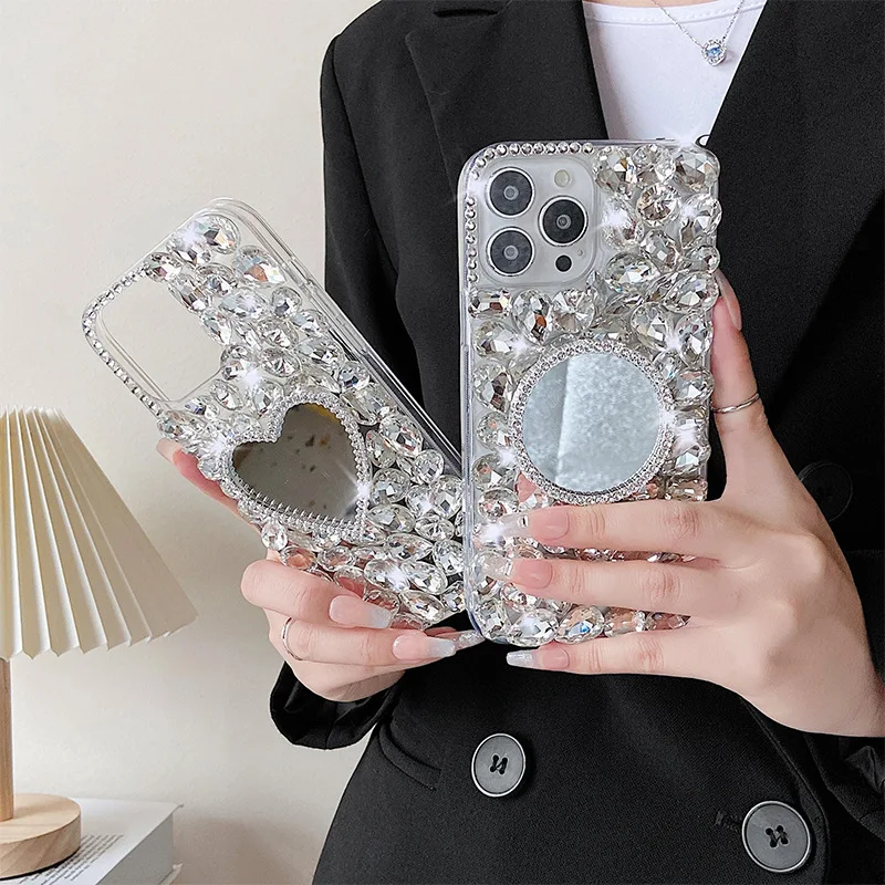 Luxury Mirror Mobile Phone Case Rhinestone Cell Shell Covers for iPhone 15 Samsung A13 A14 A25 A34 A54