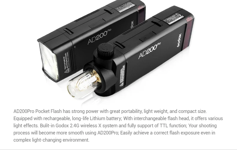 Godox AD200 Pocket Flash Light 200W TTL 2.4G HSS 1/8000s With Dual Flash Head
