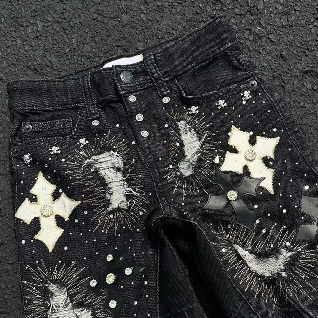 product manufacturer custom double knee distressed vintage acid wash baggy rhinestone jorts denim jeans shorts for men-4