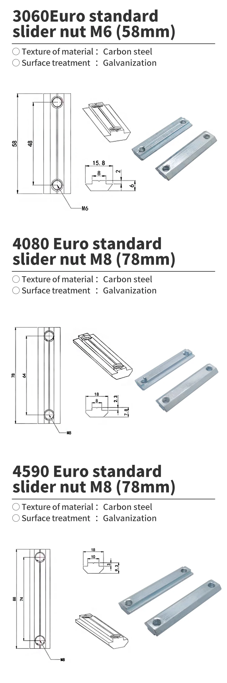 Aluminum Profiles 30/40/M6/M8 Double Hole Boat Type 3060/4080 Slider Nut T-nut Carbon Steel Material manufacture