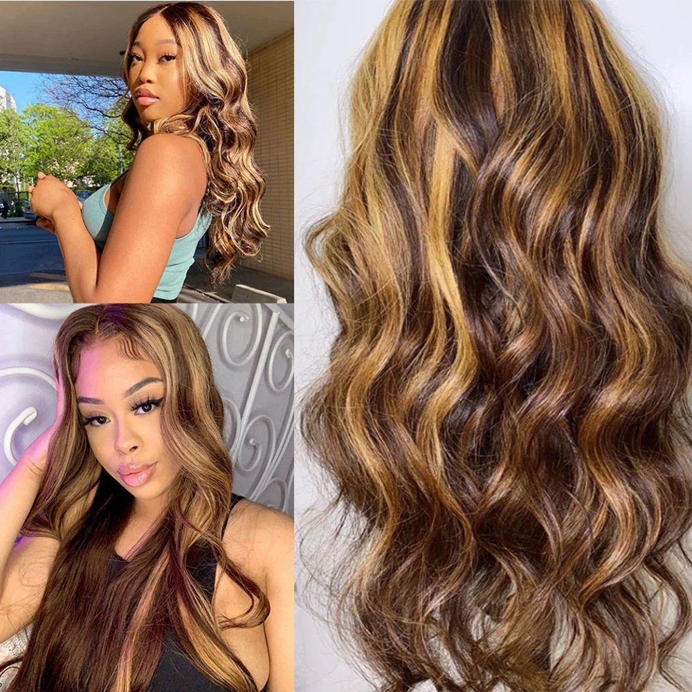 wholesale blond highlight piano 4/27 human hair wig,deep wave highlights ombre dark brown lace front wig