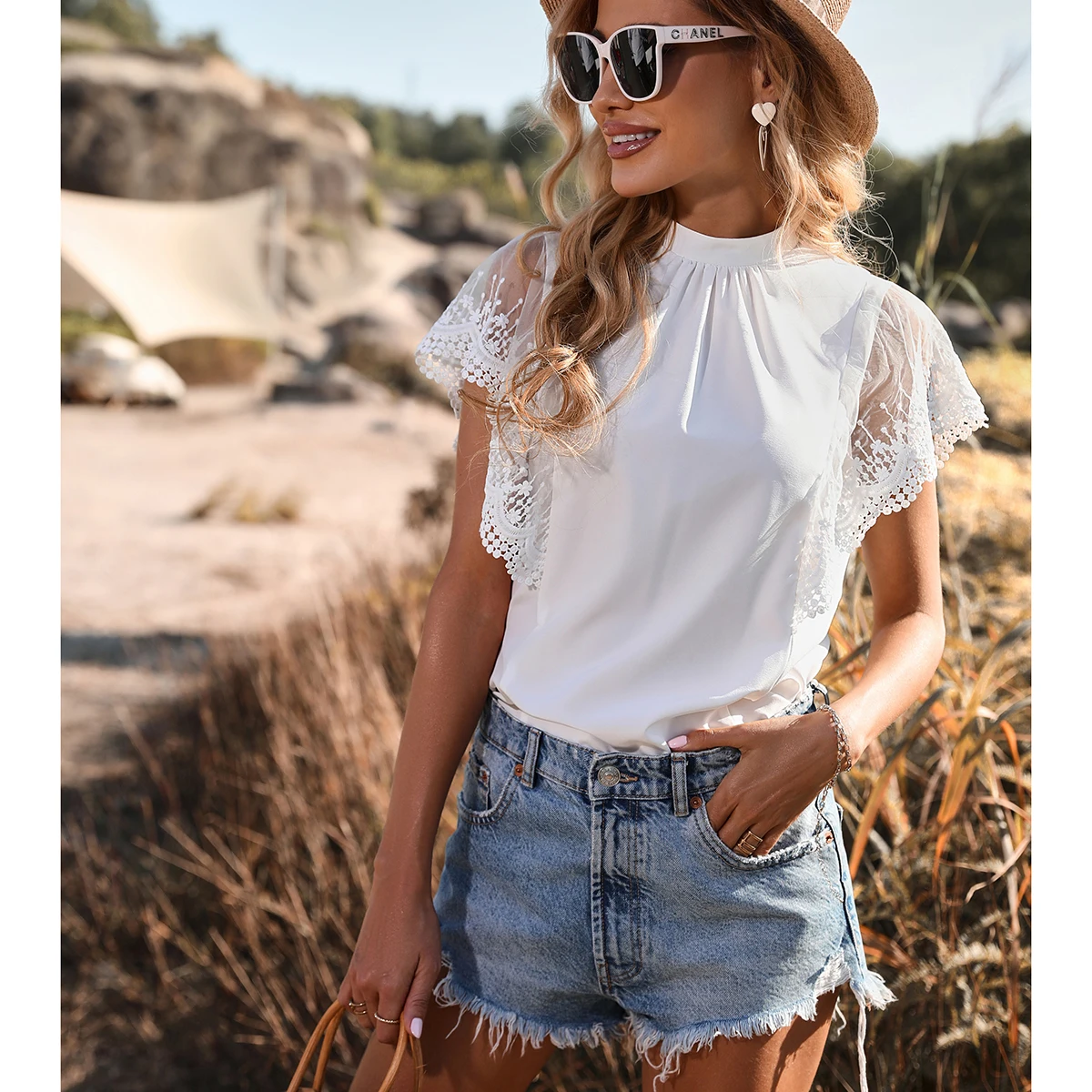 2022 Summer Mesh Lace Panel Chiffon 