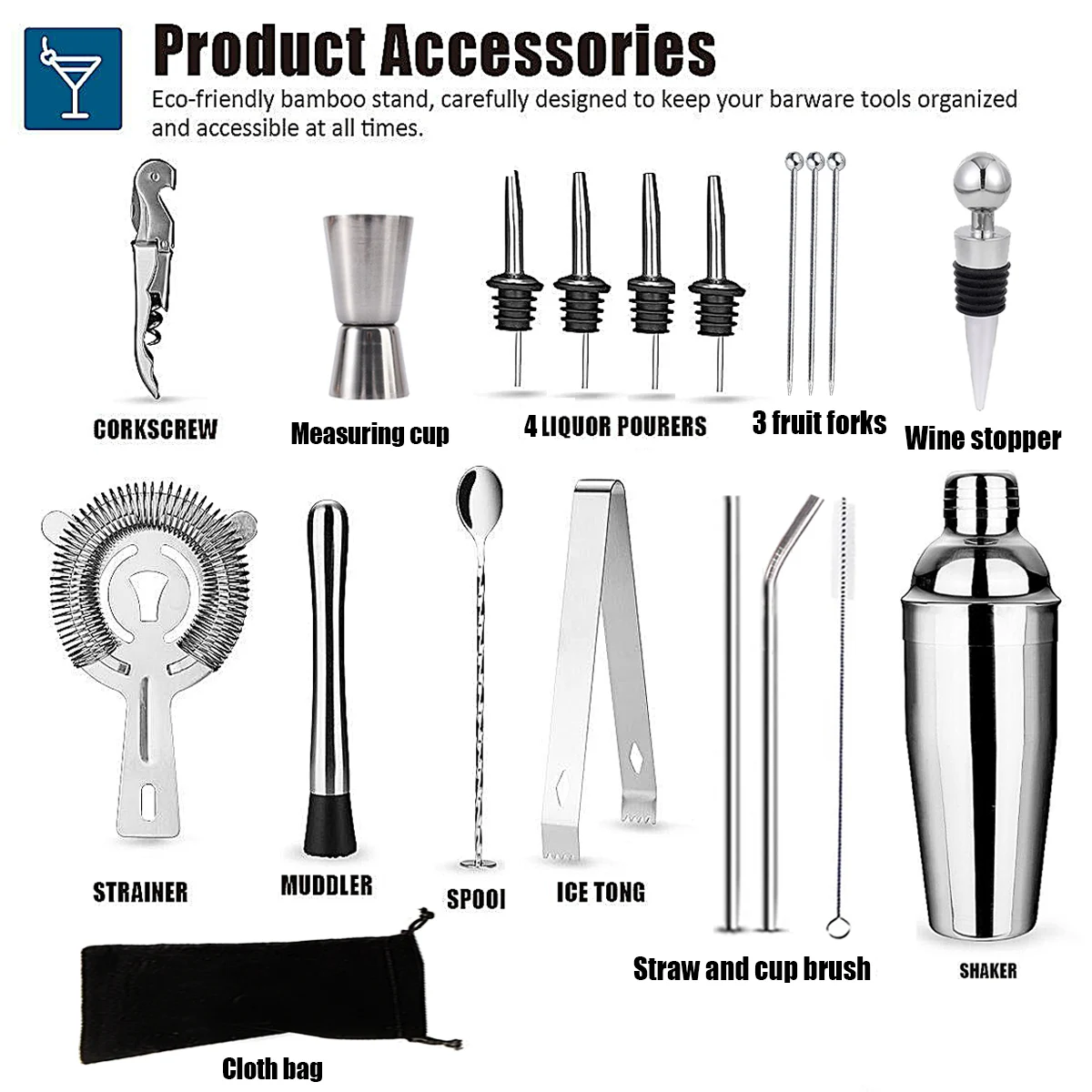 Forneed Barware Tools Bartender Kit Bar Accessories Jigger Wooden Stand Stainless Steel Cocktail Shaker Set