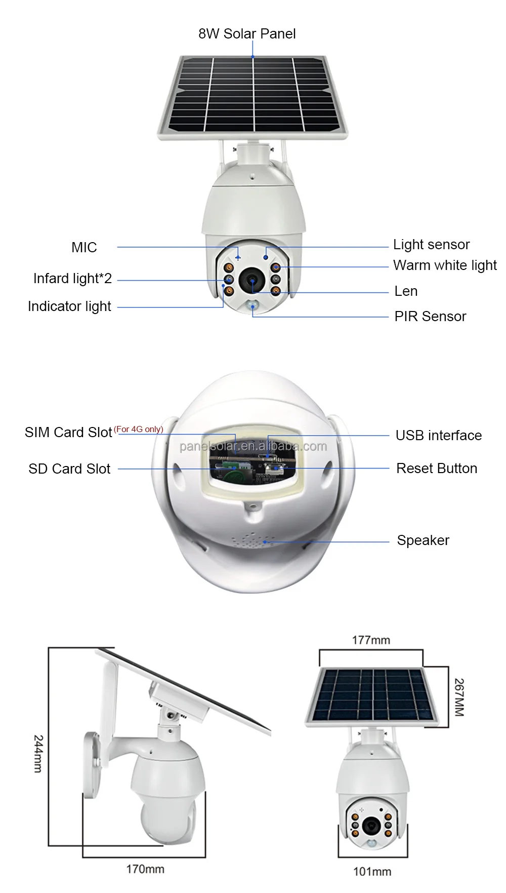 Outdoor WiFi Solar Power Camera 4G Sim Card Slot CCTV Security IP Solar Camera