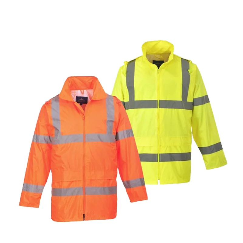 Wholesale High Visibility Waterproof Jacket Roadway Security Raincoat With Reflective Strips and Pockets