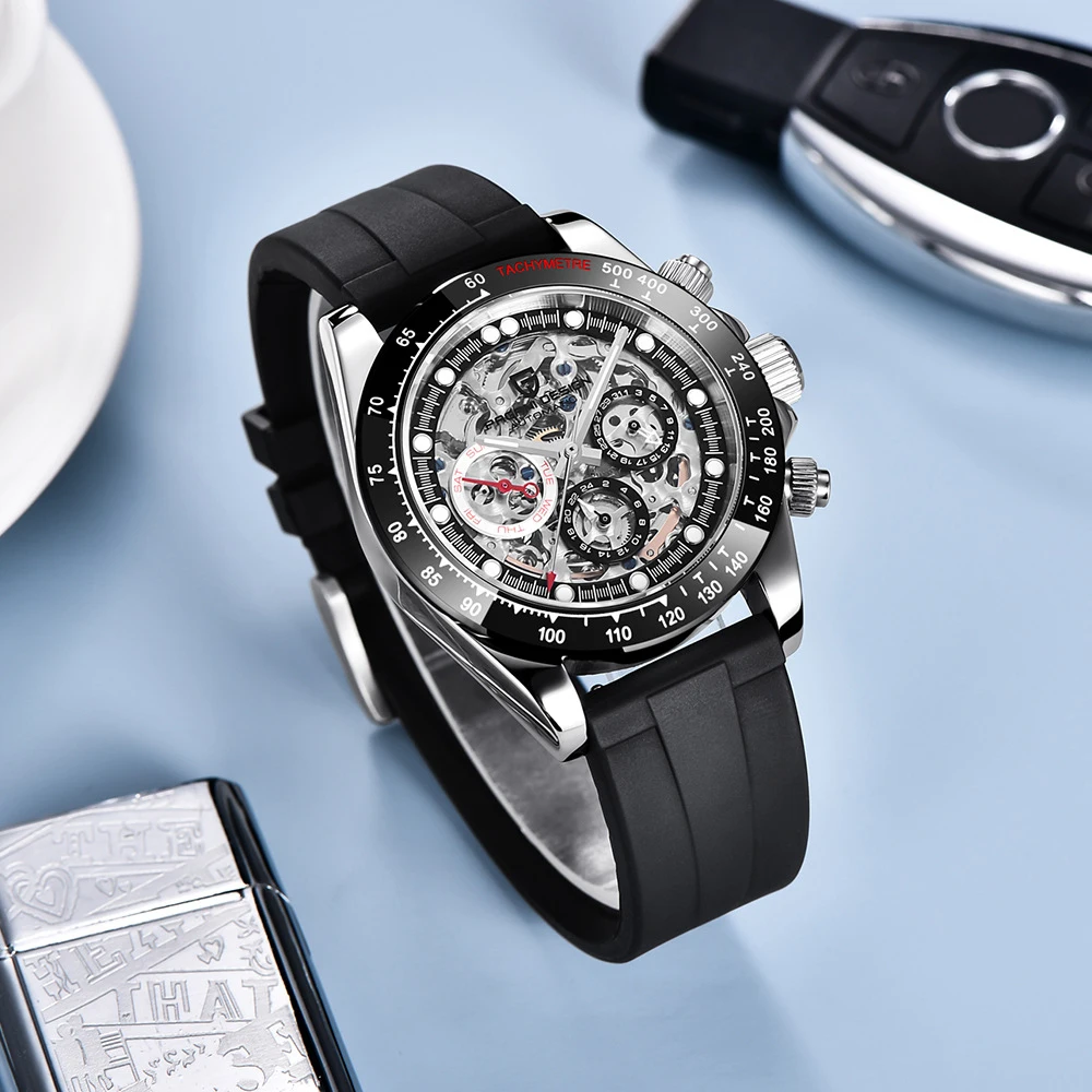 男士多功能全自动机械表，带镂空机芯和精密钢表