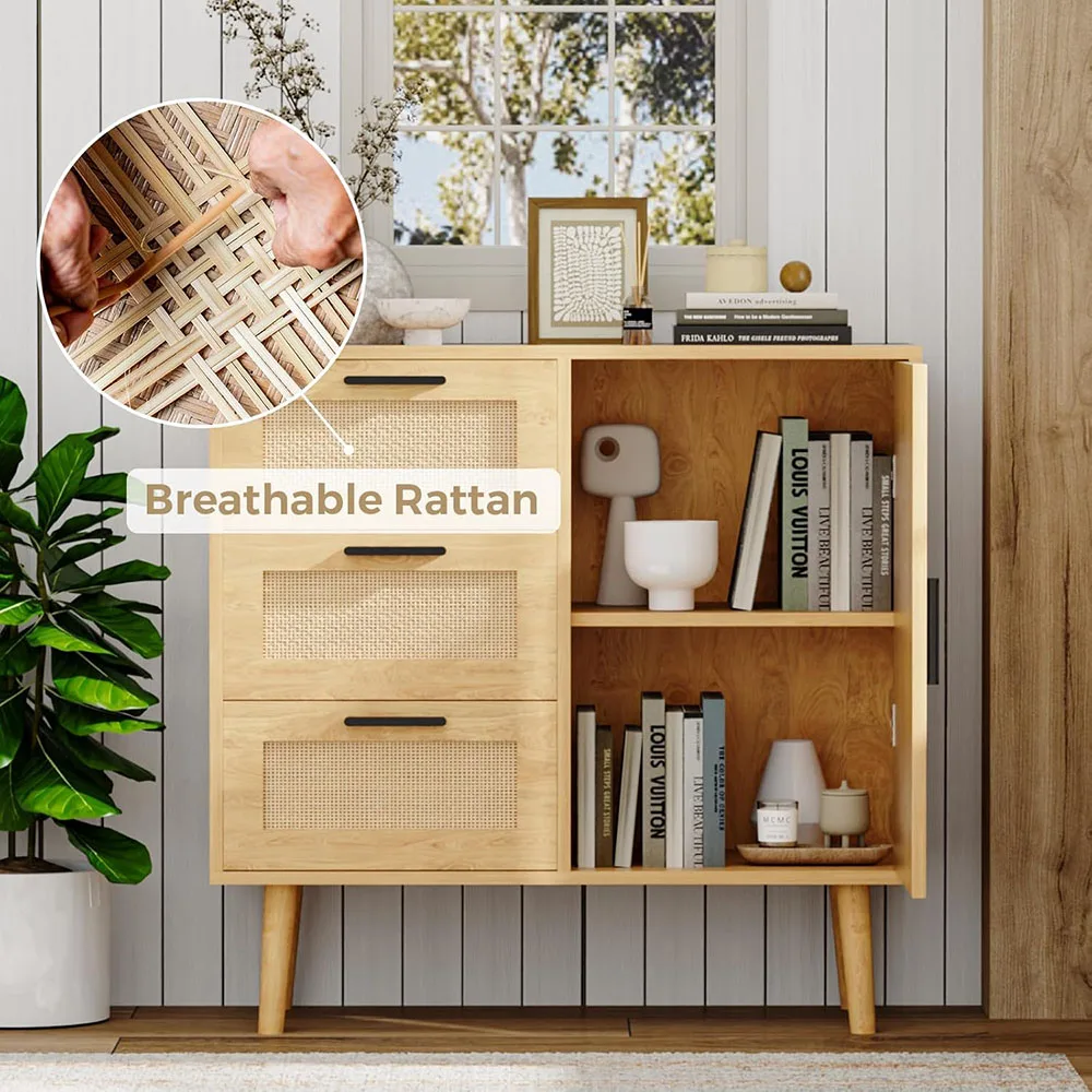 Rattan Sideboard & Wooden Cabinet with 3 Drawers & Door Space-Saving Storage for Living Room manufacture
