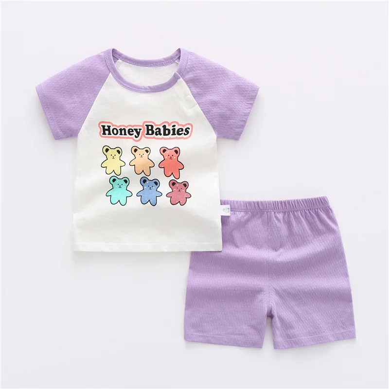 manufacturer Wholesale New Baby T-Shirt Shorts 2 Piece Set Cute Printed Kids T-Shirt Shorts 100% Cotton Set