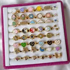 Flower Rings Colorful Pink Epoxy Enamel Open Adjustable Cute Smile Face Flower Geometric Rings