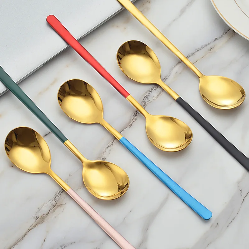 Wholesale Colourful Stainless Steel Creative Long Handle Spoon Golden Round Serving Spoon