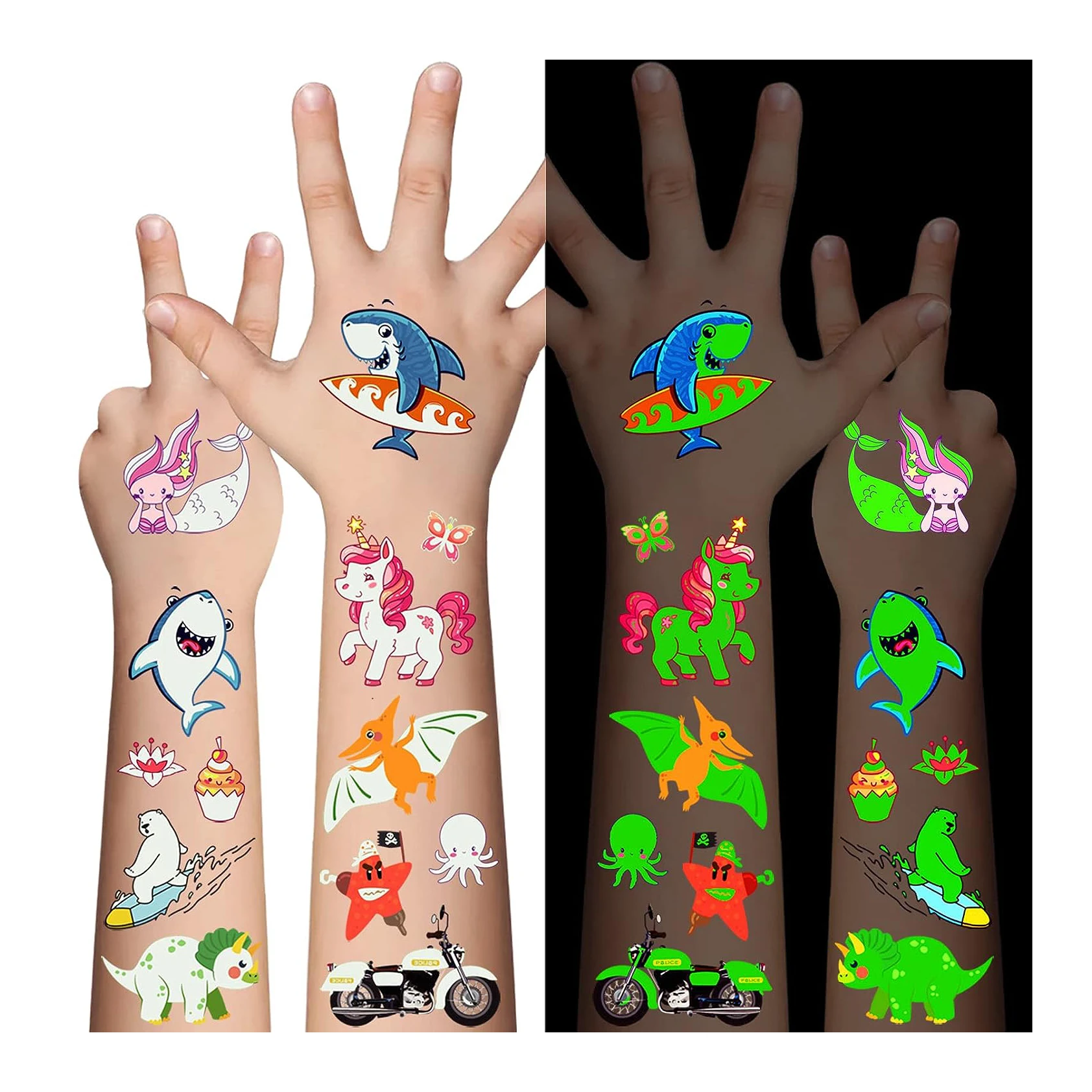 Hot selling custom temporary waterproof luminous tattoo for Kids glow in dark body arms tattoo sticker Unicorn Dinosaur Pirate M