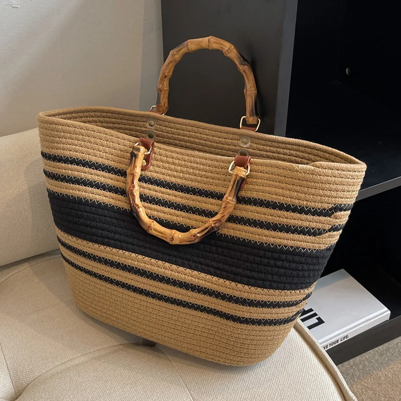 HUAYI  Cotton rope braided color customized Hand-woven bag with wooden handle