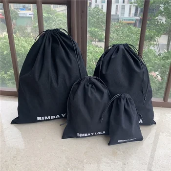 Custom Logo Printing Packaging Cloth Black Reusable Eco Friendly Large Black Muslin Calico Canvas Cotton Drawstring Pouch Bags