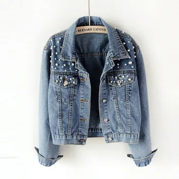 Factory wholesale Women Pearl Denim jacket Beaded Pearl Loose And Thin spring Autumn Short Style wedding Denim Jacket supplier