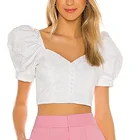 Top Women Print Short Top Sexy Heart Neck Top With Puff Sleeve Lady Backless White Short Top