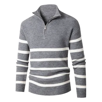 Winter new men's half zipper stand up collar striped pullover sweater knitted sweater plus size fashionable casual long sleeve