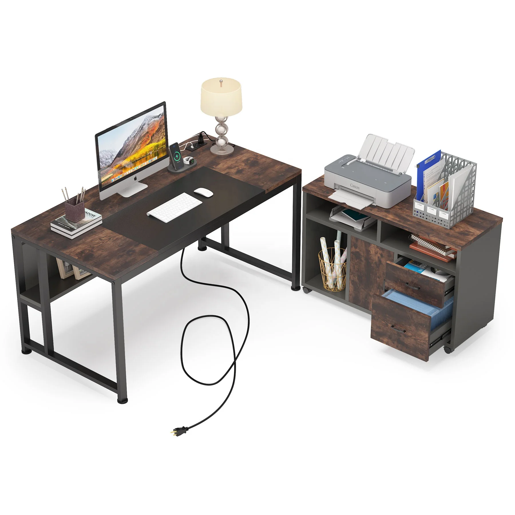 Reversible L Shaped Computer gaming pc Desk with Storage Shelves USB Charging Port modern office school desk