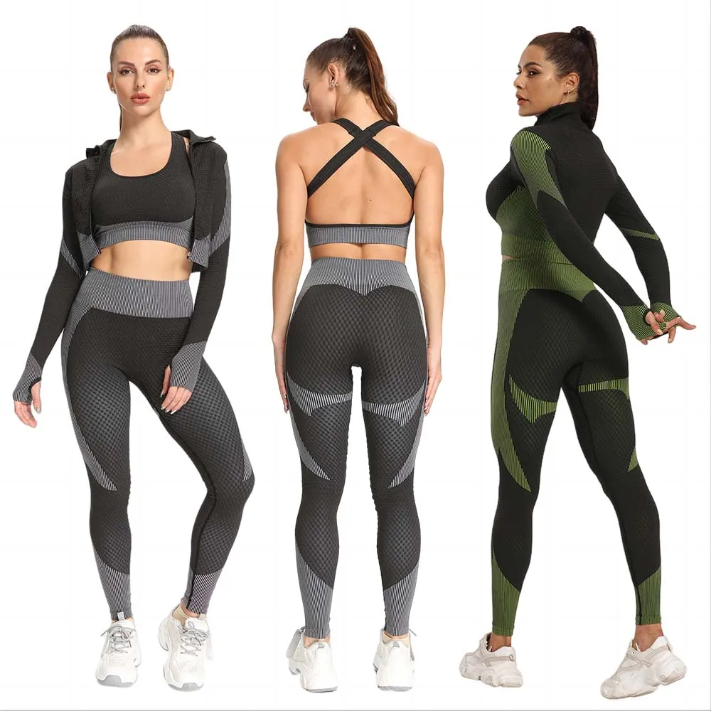 lulu High quality high zip long sleeve tracksuit tights seamless three-piece thigh-lifting fitness pants Tight bra Yoga pants