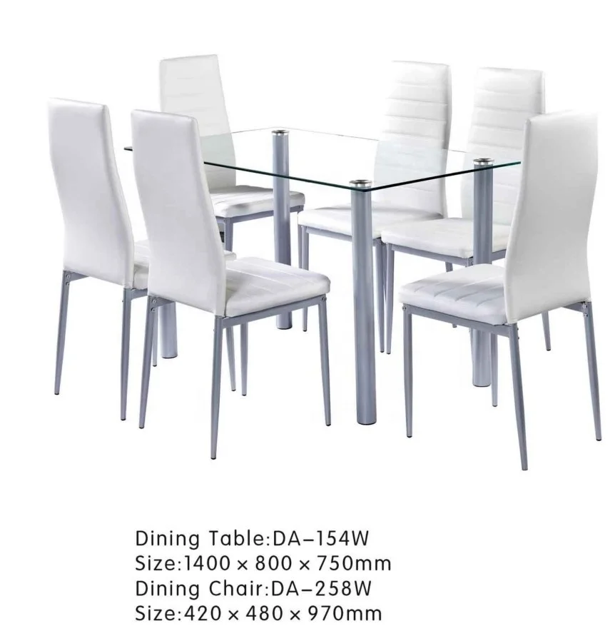 Wholesale dining room furniture dining table and chairs set tempered glass table and PVC chair