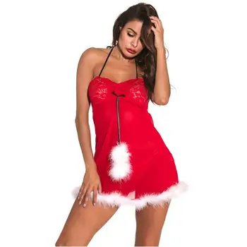 Amazon Best Sale Christmas Girl Clothes Sleeveless Lace Sexy Nightdress Thong Set Women 2XL Erotic Lingerie Sleepwear