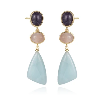 Fashion Gold Plated Natural Stone Stud Amazonite Triangle Charm Dangle Earring