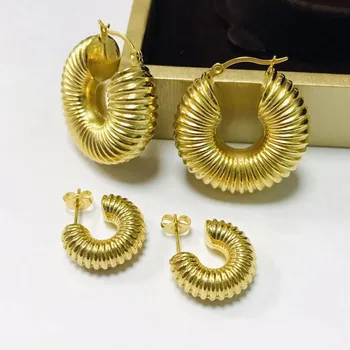 Fashion Waterproof Screw Thread Chunky 18k Gold Plated PVD Stainless Steel Hoop Earring For Women