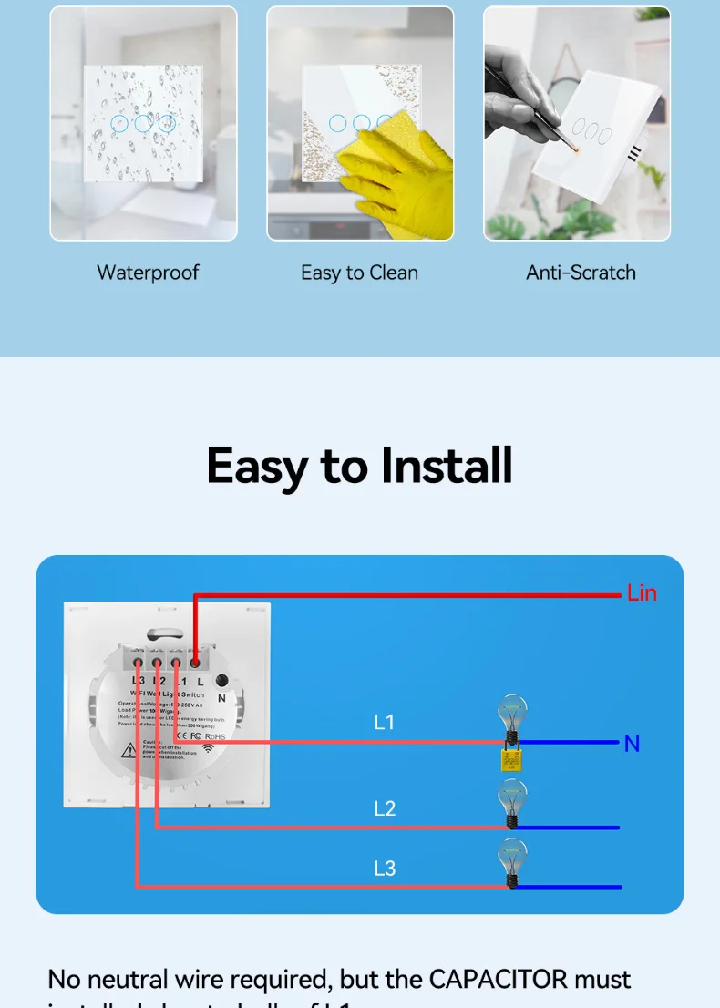 EU 1/2/3 Gang Tuya WiFi Smart RF433 Remote Control Touch Panel Wall Switch Support Voice Control