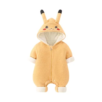 Baby cute super cute onesie autumn winter Pikachu onesie winter plus velvet thickening go out hugging clothes climbing clothes