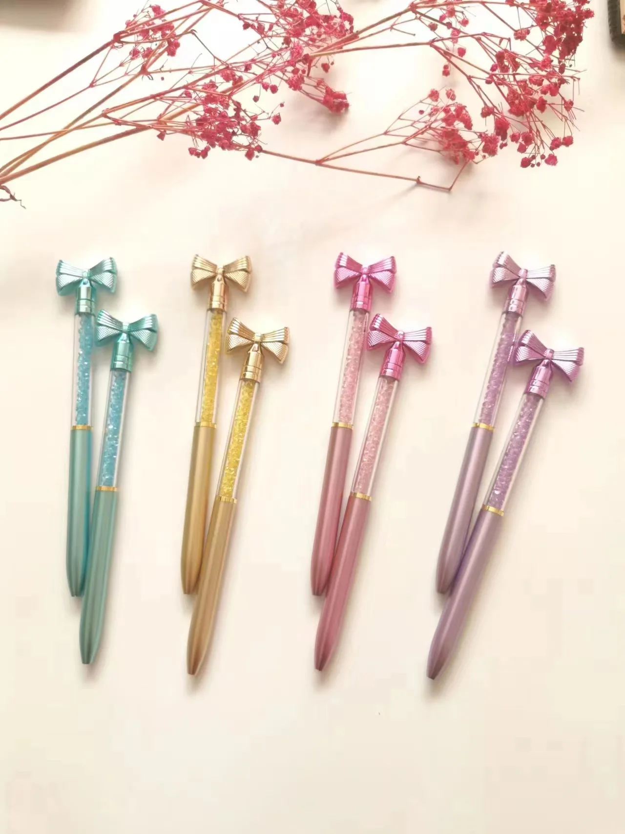 cute stationery bow plastic ball pen with the crystal Cute kawaii pen cartoon design promotional crystal pen