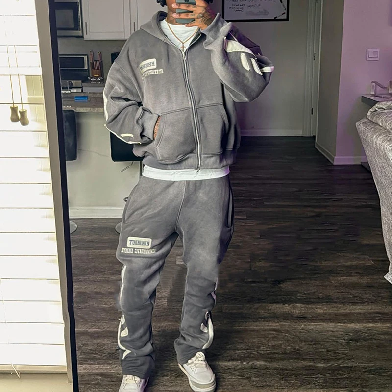 Acid Washed Streetwear Breathable Zipper Hoodie Flared Sweatpants Tracksuit Set Spring Perfect Match Acid Wash Distress Patch factory