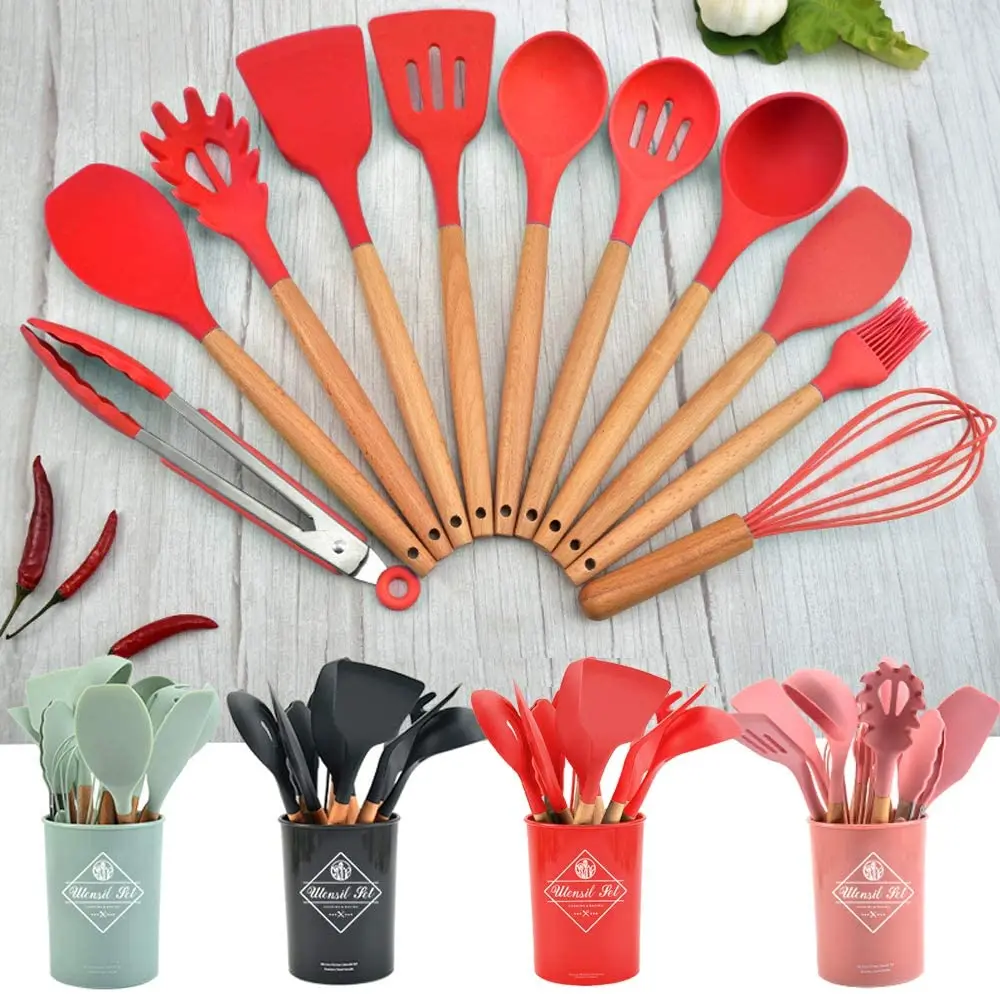 12pcs Colorful Silicone & Wooden Handle Tools Home or Picnic Silicone Custom Kitchen  Home Serving Set Utensil