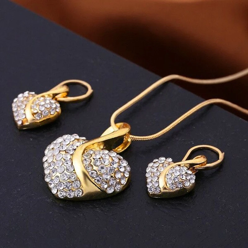 Romantic heart zircon crystal necklace jewelry set simple heart earrings and bracelet set for wedding party jewelry