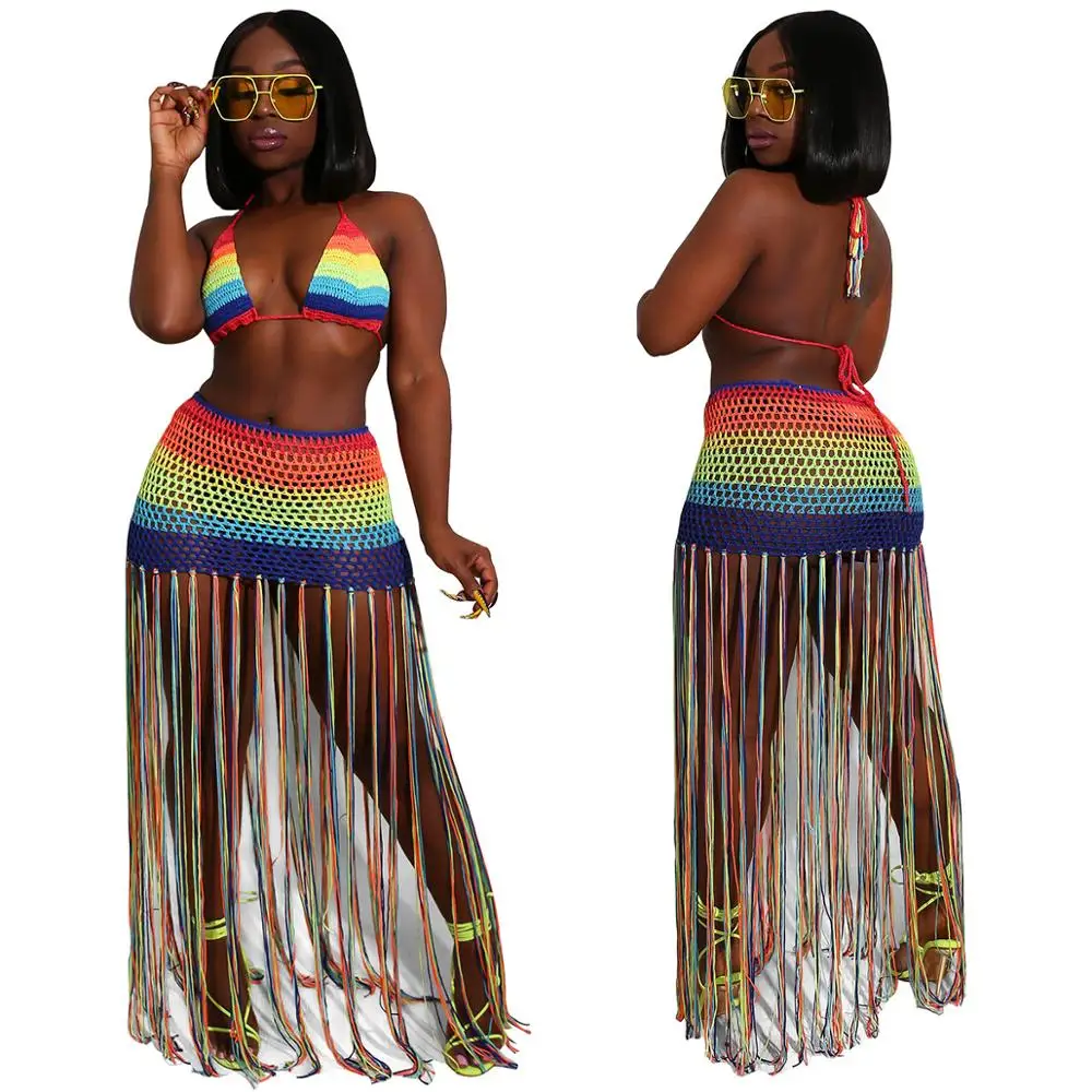 Beach Crochet Tassel Striped Raimbow 
