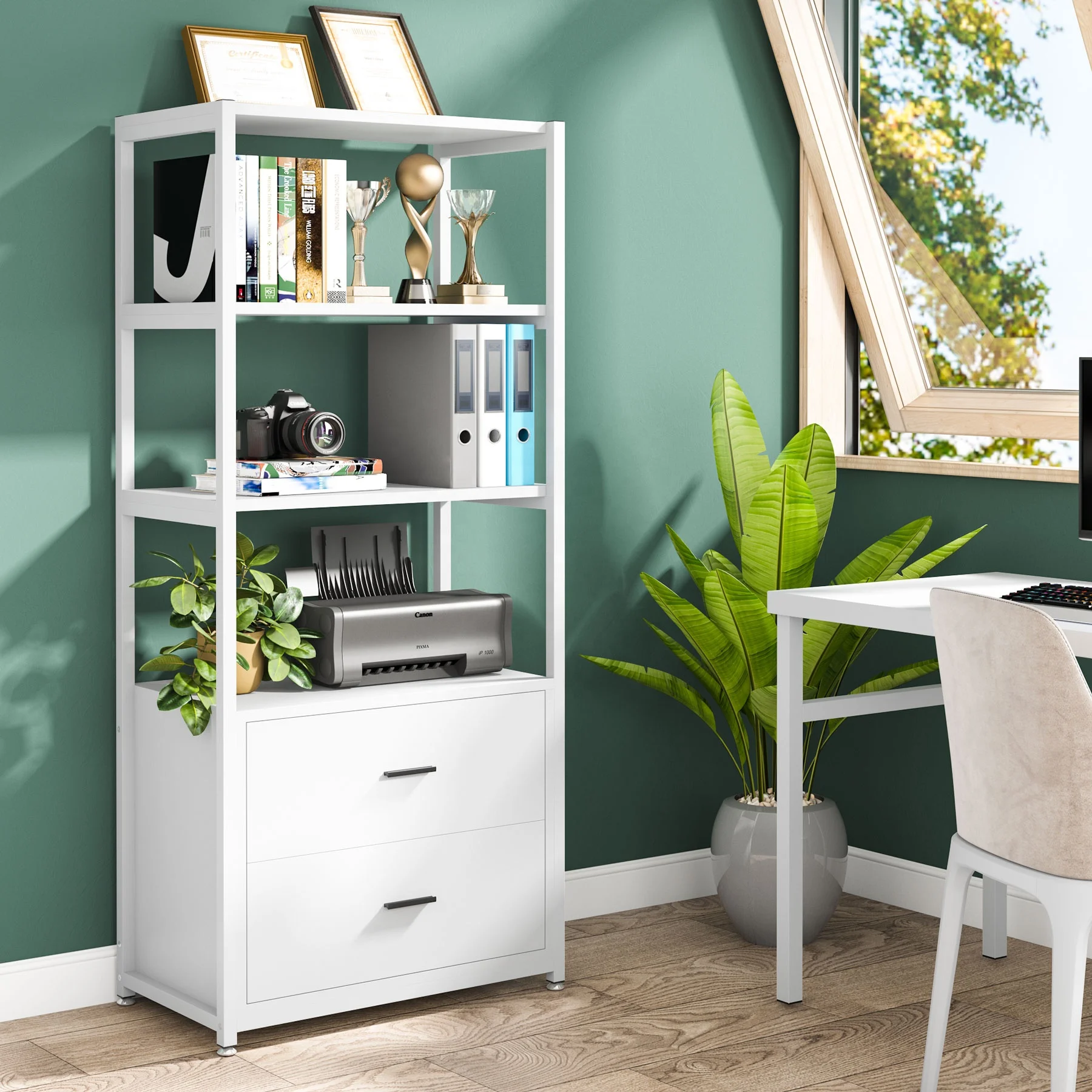 Modern Open Steel Frame Bookcase 4-Tier Bookshelf Slim Shelving Etagere Unit for Bedroom Home Office