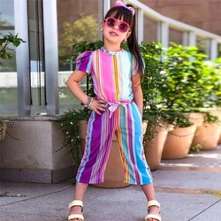 2022 new trendy fashion casual short-sleeve printed stripe tie puff sleeves jumpsuit 2022 summer kids girls rompers