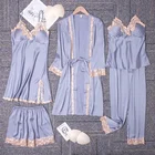 Silk Ins Hot Sale Satin Silk 5 Pcs Lace Match Pyjamas Womens Pajamas Set