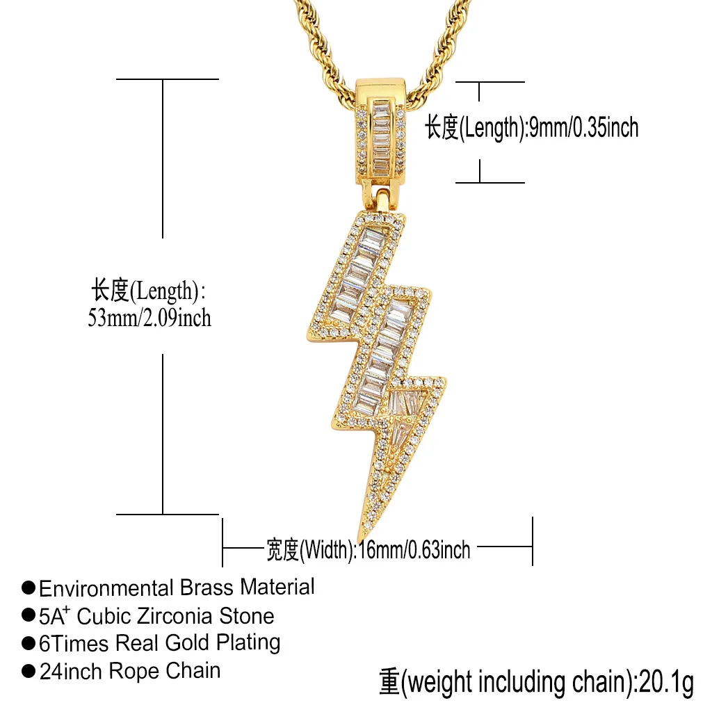 blingbling hip hop diamond jewelry necklace,fashion copper setting zircon gold plated lightning pendant necklaces party jewelry