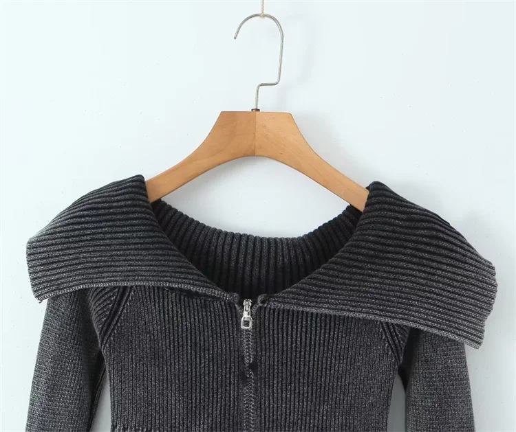 Autumn New Long Sleeve Turn Down Collar Slash Neck Gradient Zipper Knitted Cardigan Women Sweater