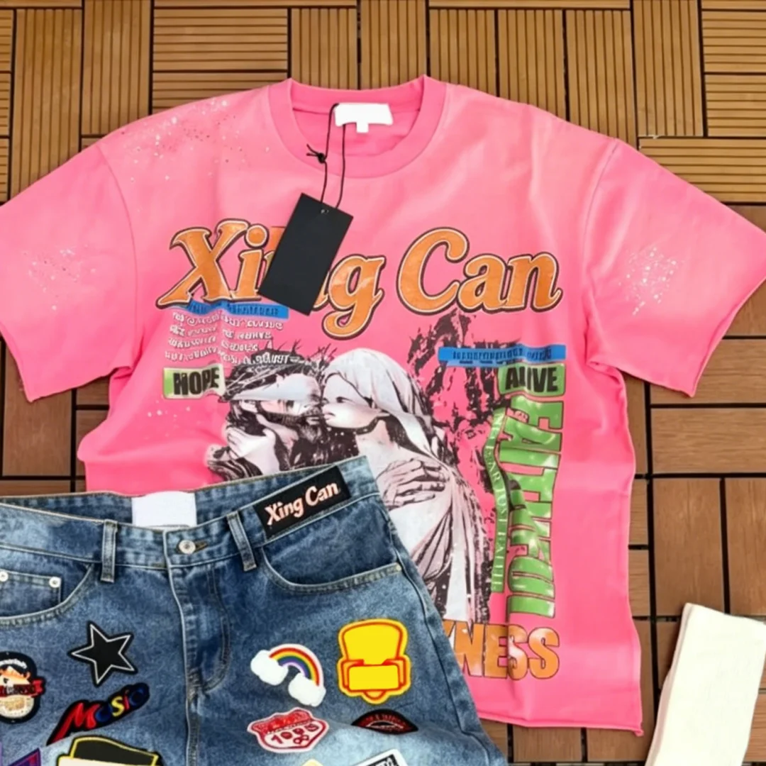 product high street set heavyweight cotton vintage washed dtg digital print t shirt badge patch denim shorts y2k mixed custom design154-2