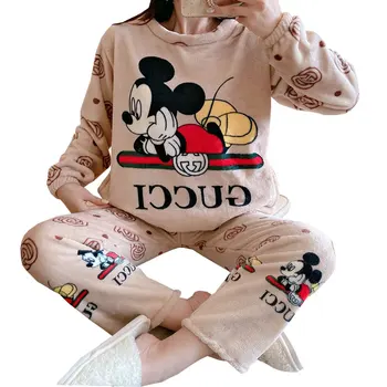 Autumn And Winter Nightgowns New Coral Fleece Korean Style Cute Flannel Women's Pajamas Two-piece Nightwear For Girls