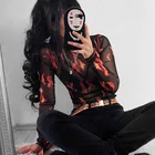 Ladies Top 2021 Ladies Summer New Hot Style Fire Print Long Sleeve Slim Fit Mesh Crop Top