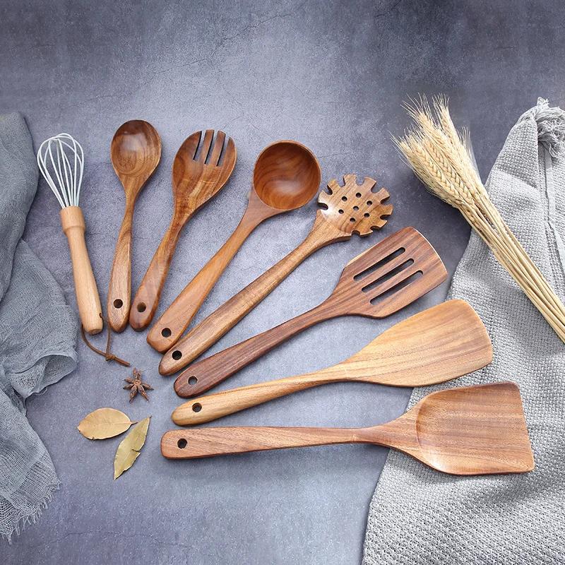 Acacia teak wood spatula 12pcs utensil set with holder cooking non-stick wooden spoon  household kitchen supplies