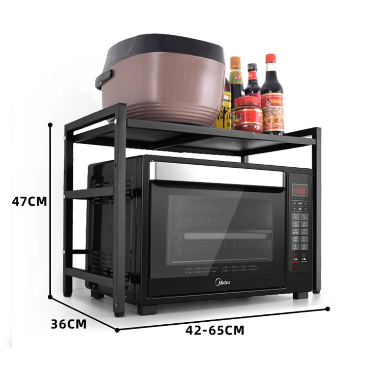 Wholesale 2 Tiers Telescopic H Shape Microwave Oven Rack Black Metal Display Racks High Quality Kitchen Shelves