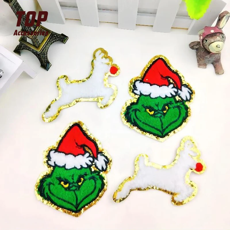 On Chenille Patches Theme Christmas Tree Santa Iron with Gold Glitter Fabric Cotton PVC Custom Handmade Embroidery Sequins