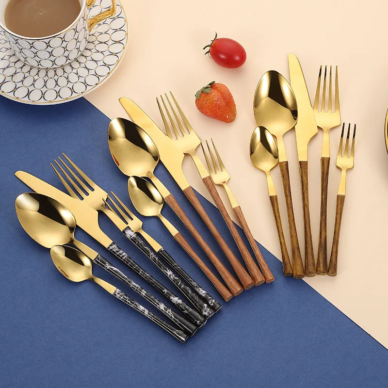 Eco friendly portable flatware set plastic stainless steel cutlery set including spoon knife fork with wooden handle