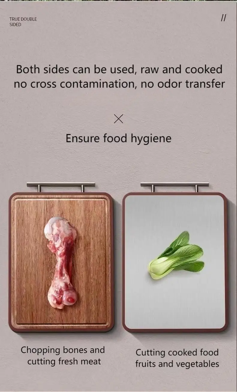 Kitchenware Bamboo Double Side Stainless Steel Chopping Board Block Wood Antibacterial Multifunctional Cutting Board with Handle