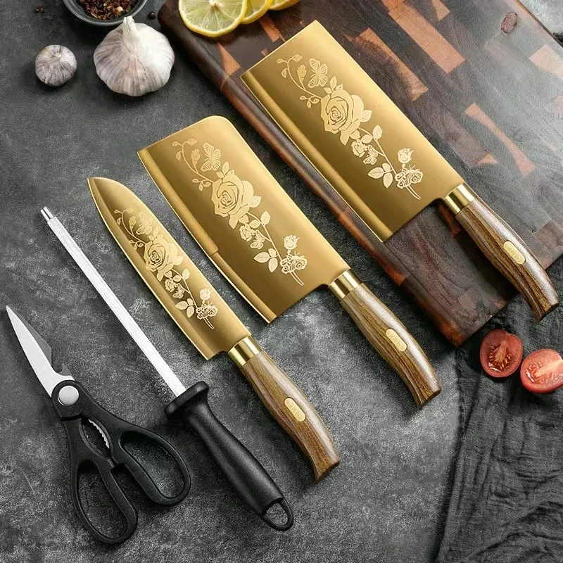 Golden Stainless Steel Household Bone-Chopping Slicing Chef Cooking Tools Kitchen Knife Set Accessories Fruit & Vegetable Tools