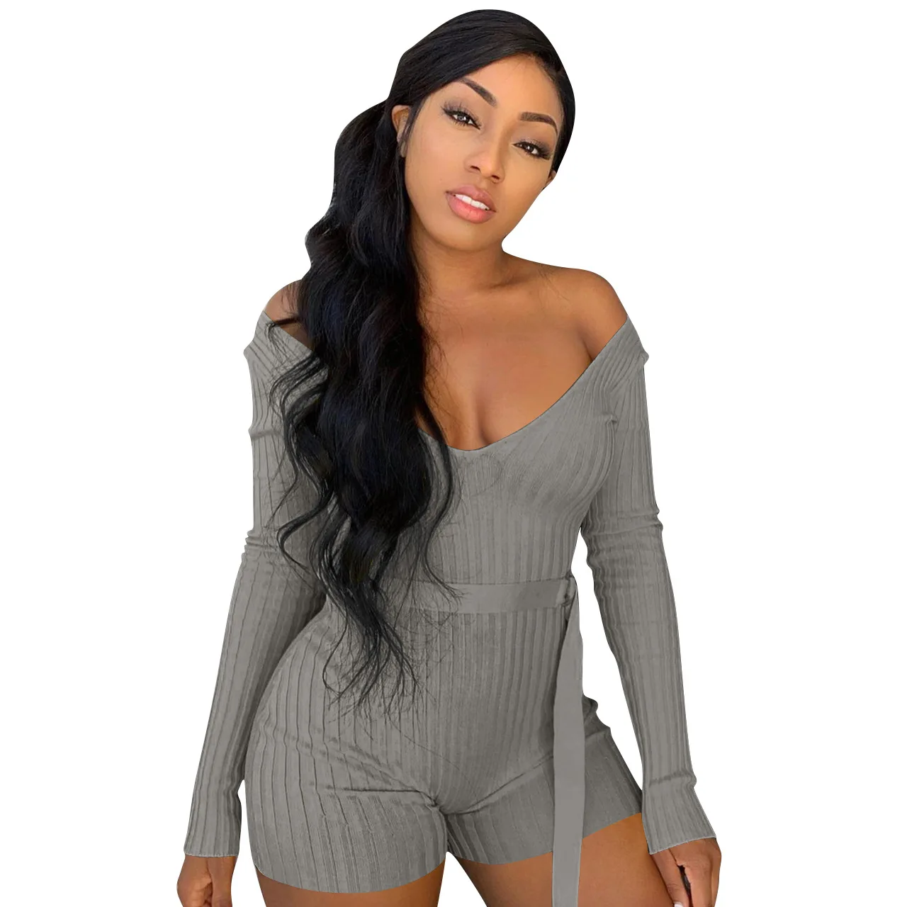 Hot sale onesie for women pajamas pit fabric long sleeve sexy V-neck jumpsuit bodysuit playsuit with sash belt